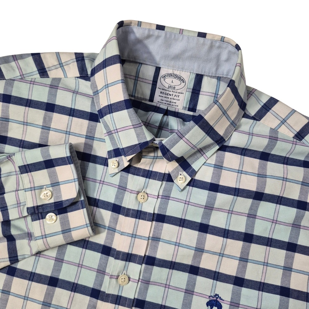 Brooks Brothers Shirt Mens Large Regent Fit Non-Iron Stretch Plaid Blue Office